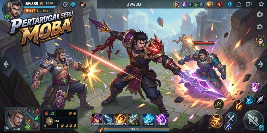 Tampilan intens dari permainan MOBA BW888 dengan karakter yang beragam.