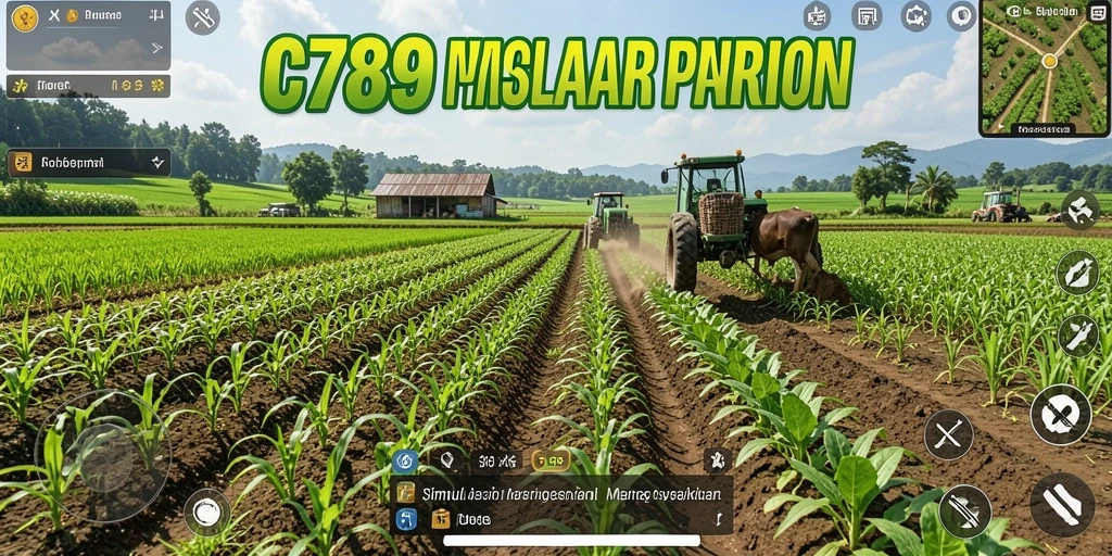 Screenshot gameplay C789 menampilkan suasana ladang yang hijau dan subur.