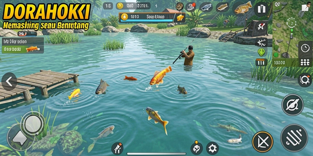 Screenshot menunjukkan gameplay DORAHOKI dengan aksi memancing yang mendebarkan.