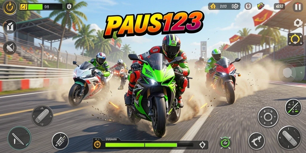 Tangkapan layar utama PAUS123 menampilkan aksi balapan motor yang mendebarkan.