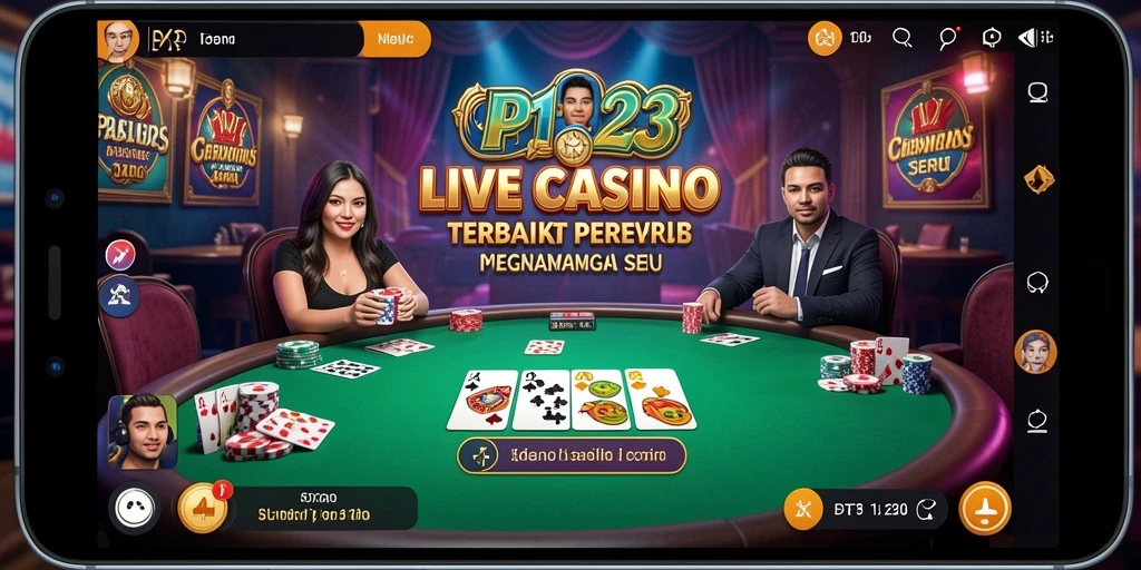 Screenshot gameplay PP123 menampilkan dealer dan pemain yang berinteraksi di meja Live Casino.